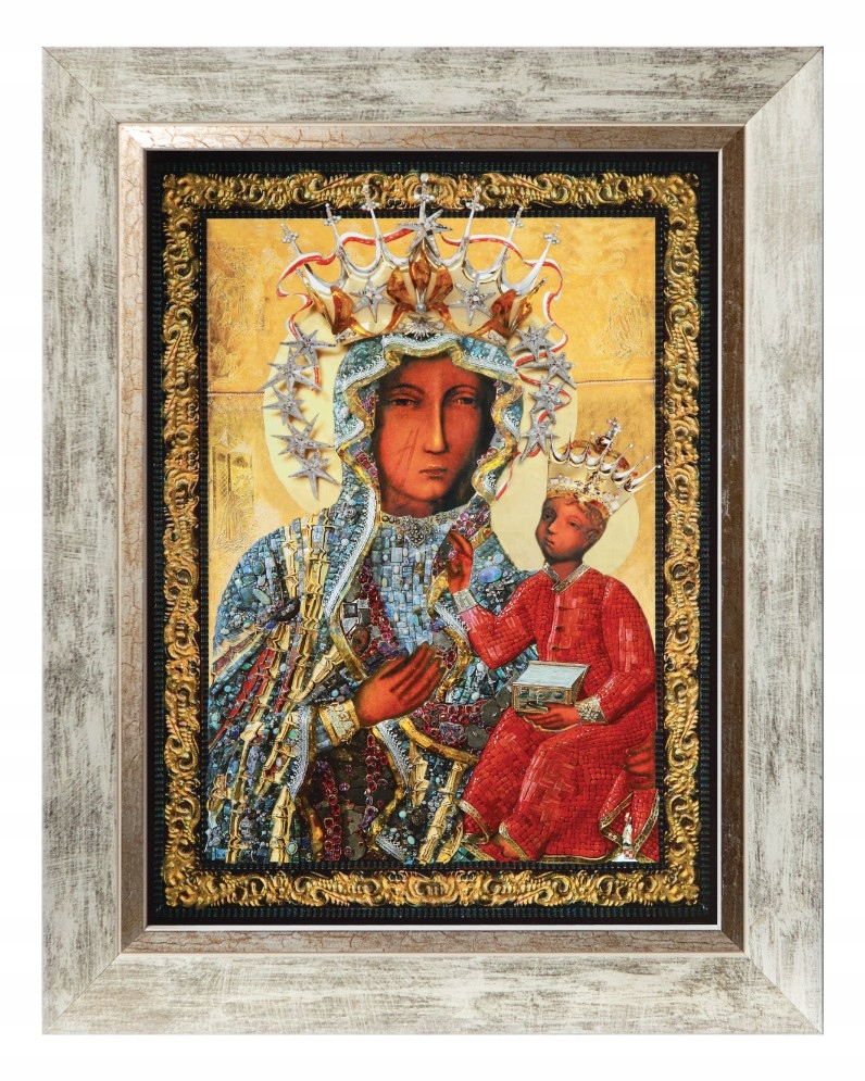 Panna Maria Čenstochovská Sakrální Obraz V Bílém Ozdobném Rámu 30X40