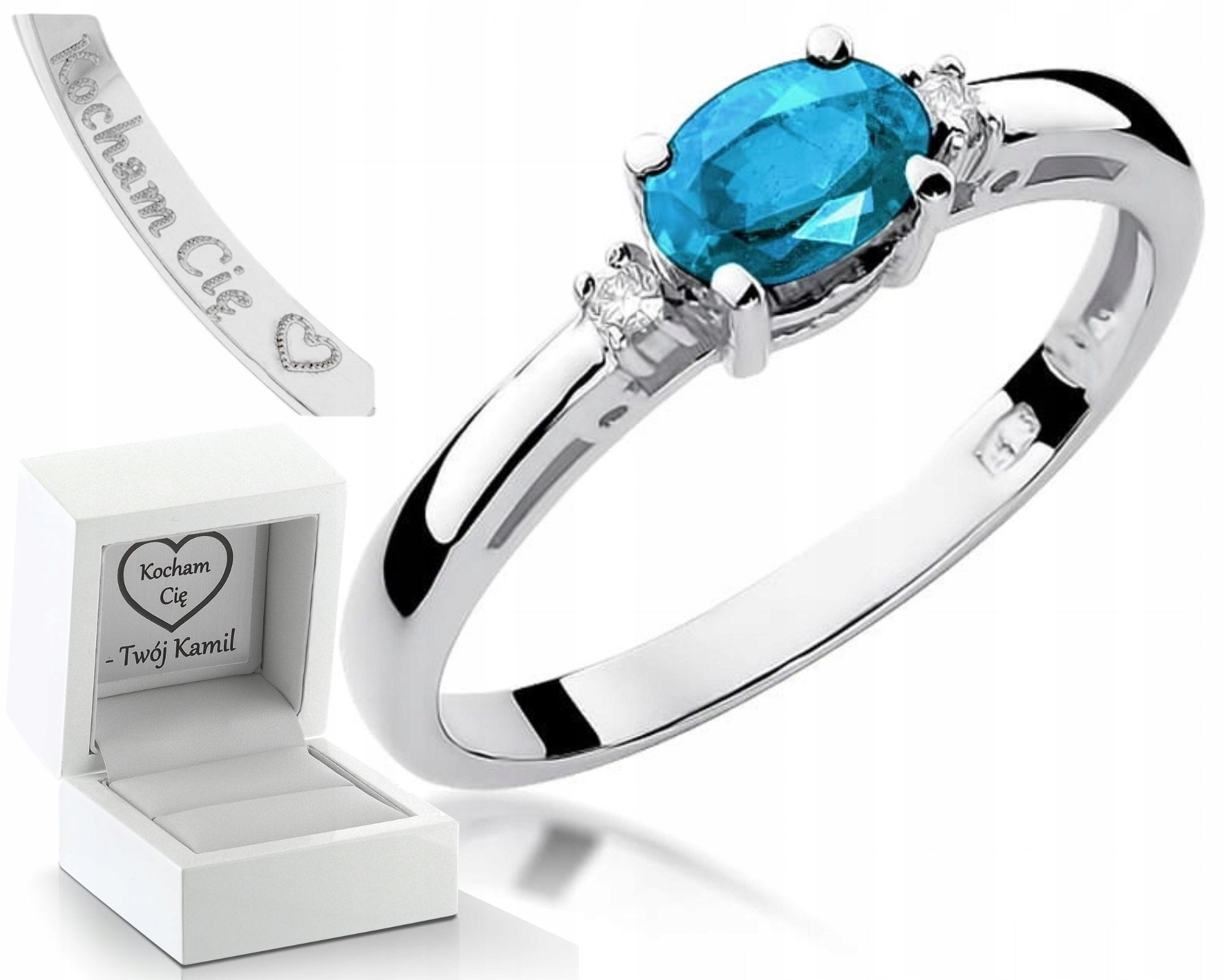 Bílé Zlato Prstýnek Topaz Brilianty Gravírování