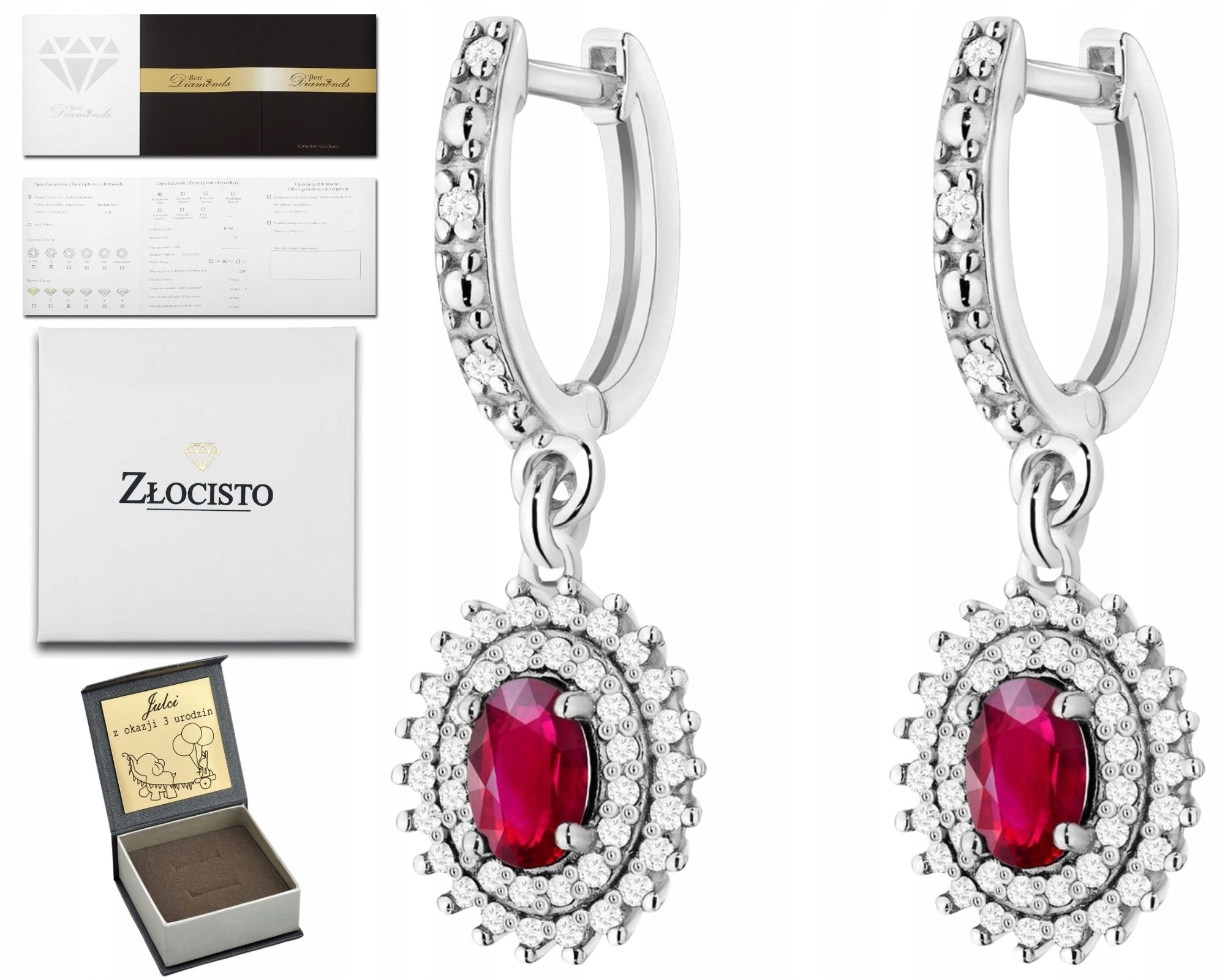 Bílé Zlato Náušnice Přírodní Kámen Rubín Diamanty Zlato 585 14K Dárek