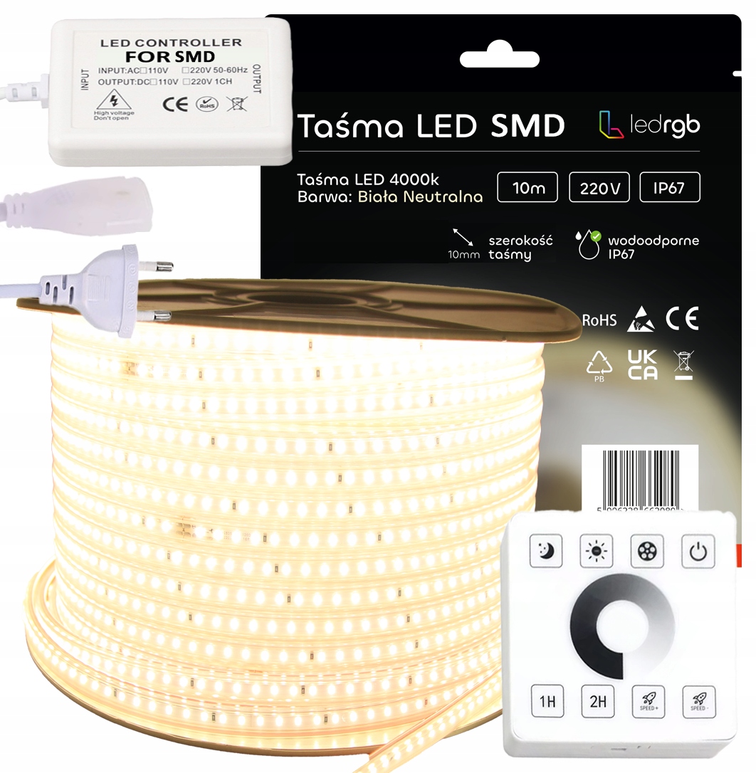 Set Led pásek Smd 230V 10m 4000K Bílý Neutrální Stmívač Dálkový Ovladač IP67