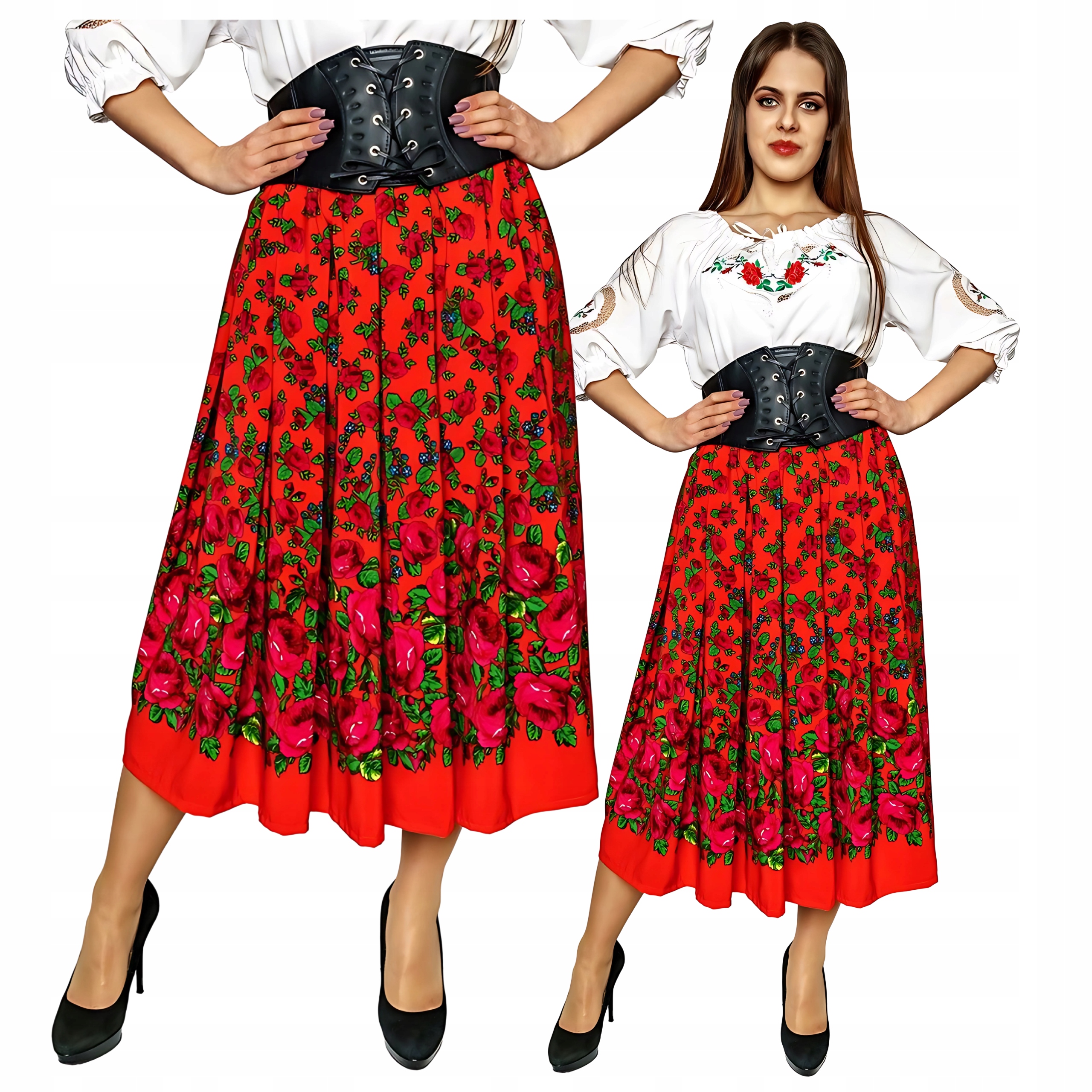 Dlouhá Sukně Červená r XL s květinami 3/4 délky do poloviny Lýtka Horalská