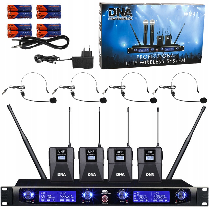 Zestaw 4 Bezprzewodowe Mikrofony Nagłowne Uhf Stacja Odbiornik