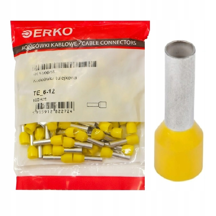  /><p>☀️<b>Końcówki tulejkowe z izolacją poliamidową</b> służące do bezpiecznego i trwałego zakańczania przewodów miedzianych wielodrutowych. Zostały<b> wykonane z</b> wysokiej jakości <b>miedzi cynowanej galwanicznie</b> i charakteryzuje je <b>wysoka trwałość termiczna</b> (-40°C do +125°C).</p><p><b>Dane  techniczne</b></p><p><b>✅</b>Materiał: <b>Miedź</b></p><p><b>✅</b>Kolor: <b>Żółty</b></p><p><b>✅</b>Materiał izolacyjny: <b>Poliamid</b></p><p><b>✅</b>Zabezpieczenie powierzchni: <b>Cynowanie</b></p><p><b>✅</b>Z izolacją: <b>Tak</b></p><p><b>✅</b>Rodzaj budowy: <b>Standardowy</b></p><p><b>✅</b>Do przewodów odpornych na zwarcie: <b>Nie</b></p><p><b>✅</b>Z oznacznikiem: <b>Nie</b></p><p><b>✅</b>W taśmie: <b>Nie</b></p><p><b>✅</b>Znamionowy przekrój poprzeczny [mm2]: <b>6</b></p><p><b>✅</b>Długość tulejki [mm]: <b>12</b></p><img src=