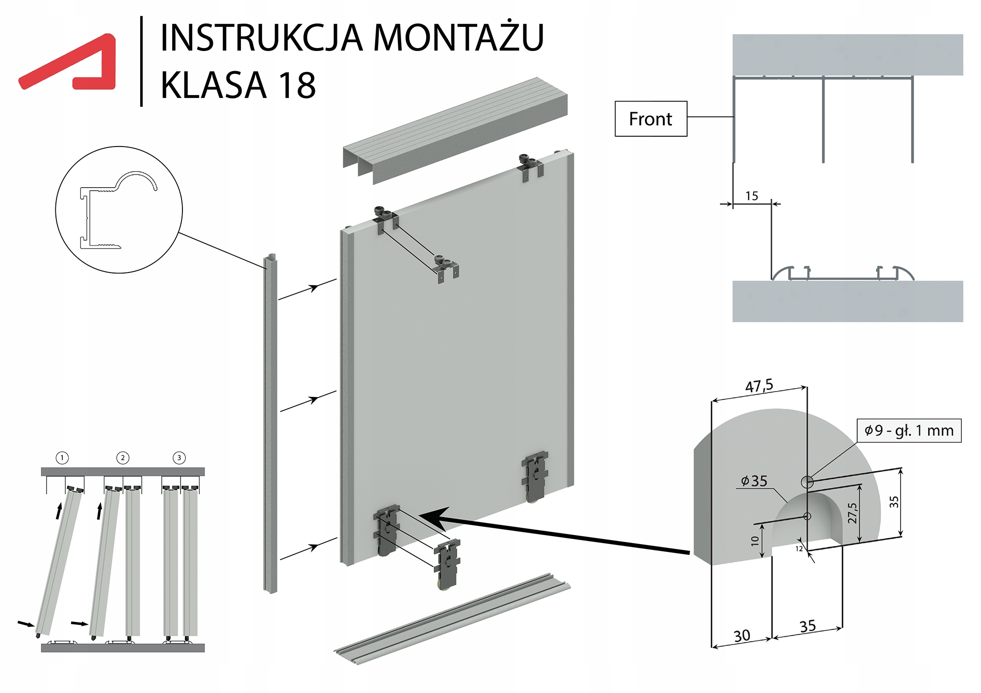 Zestaw okuć drzwi przesuwne KLASA 1,5M / 2 Drzwi Długość prowadnicy 1.5 m