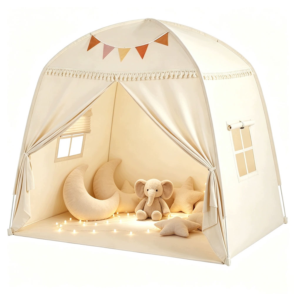 Namiot Tipi Dziecięcy 162x99cm, Duży Domek Do Zabawy Z Lampkami Beżowy