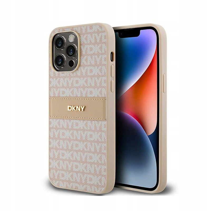 Dkny Leather Mono Stripe & Metal Logo Pouzdro pro iPhone 14 Pro Max (růžové)