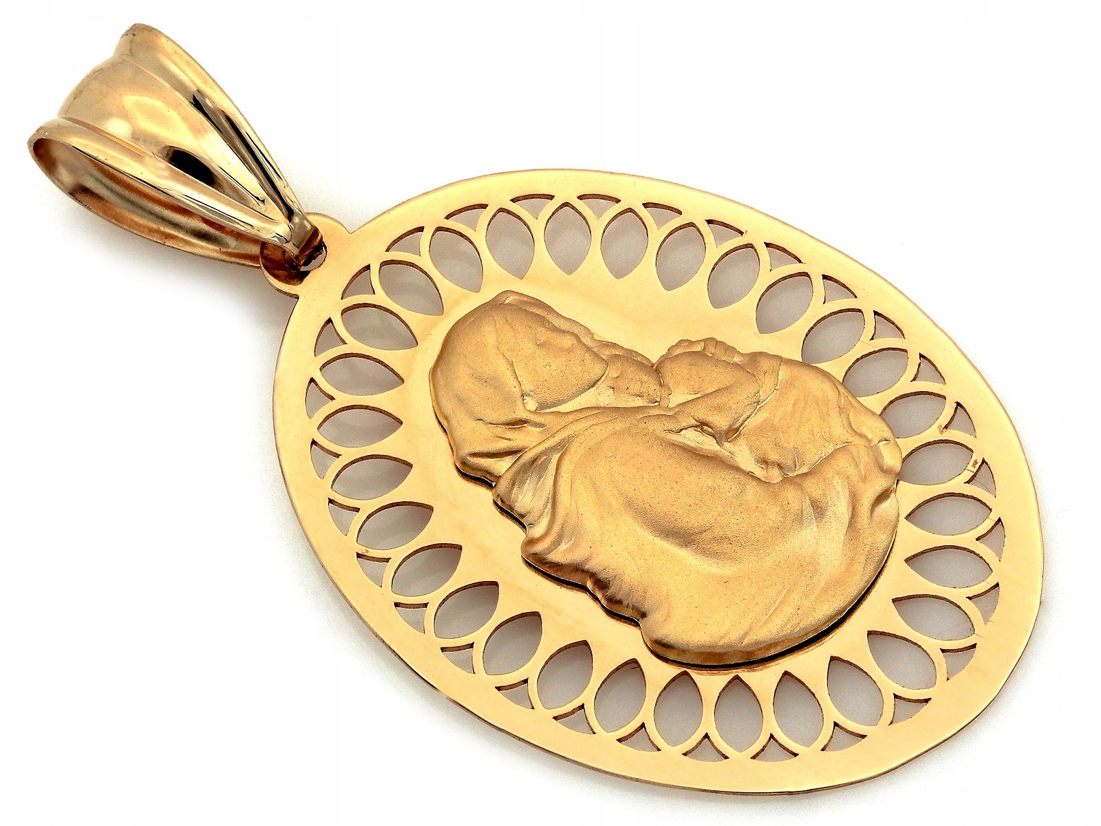 Zlatý přívěsek 585, oválný medailon s Pannou Marií a cikánským dítětem