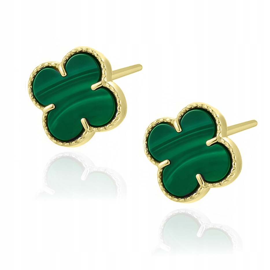 zlaté náušnice pozlacené na tyčku čtyřlístek malachit PR.925