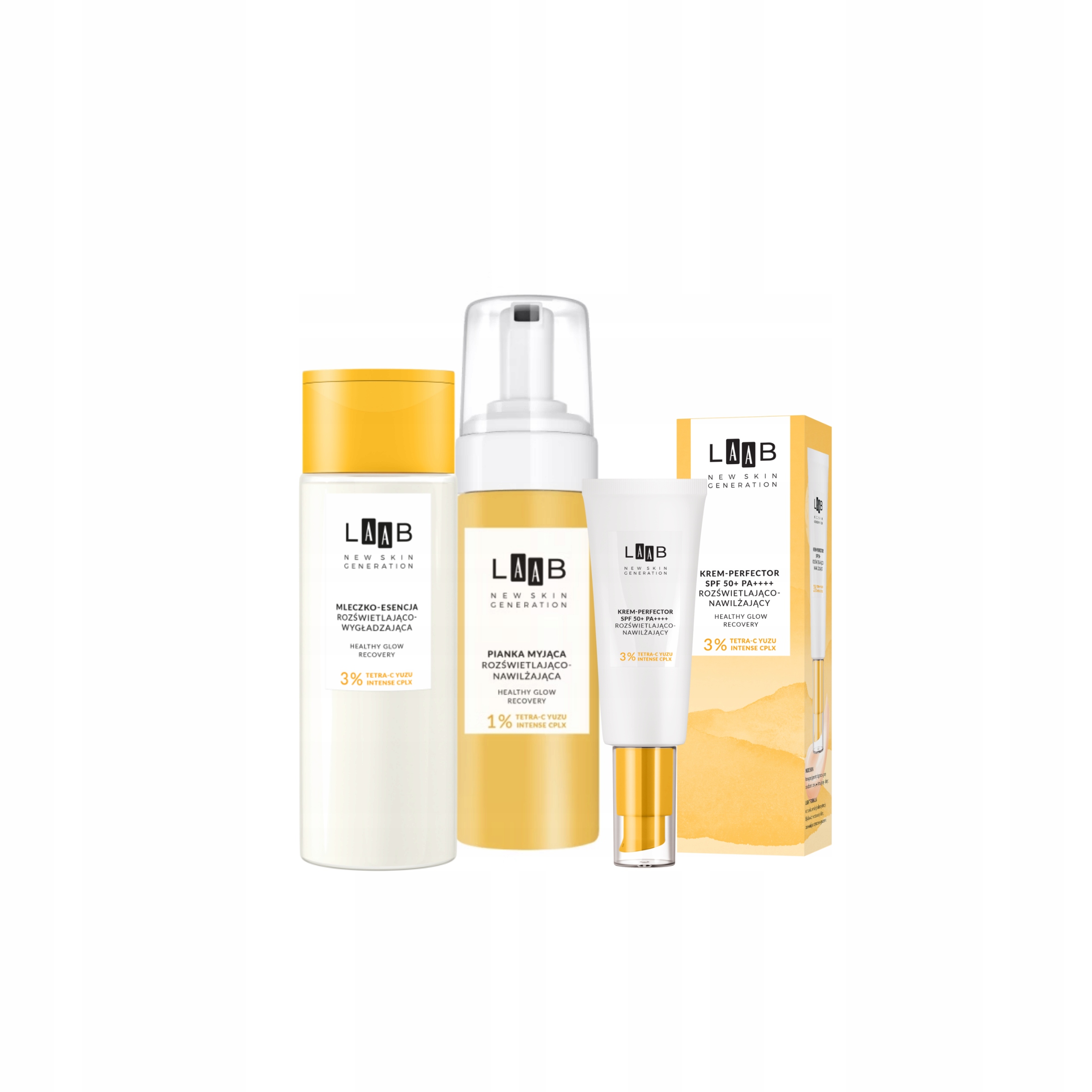 Zestaw Aa Laab Tetra-C Yuzu Mleczko-Esencja Pianka myjąca Krem Spf 50+
