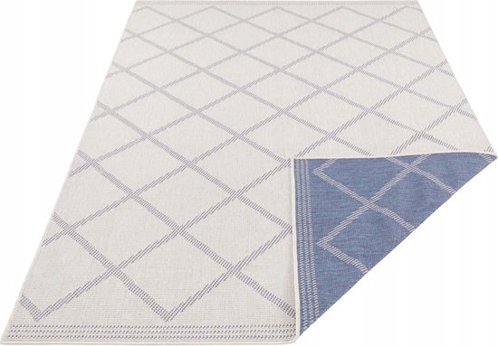 Koberec na terasu 160x230, modro krémový, obojstranný, plocho tkaný, šnúrkový