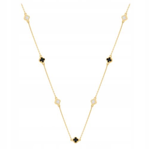 Náhrdelník ze zlata 585 s jetelkami s černými kameny a bílým smaltem.