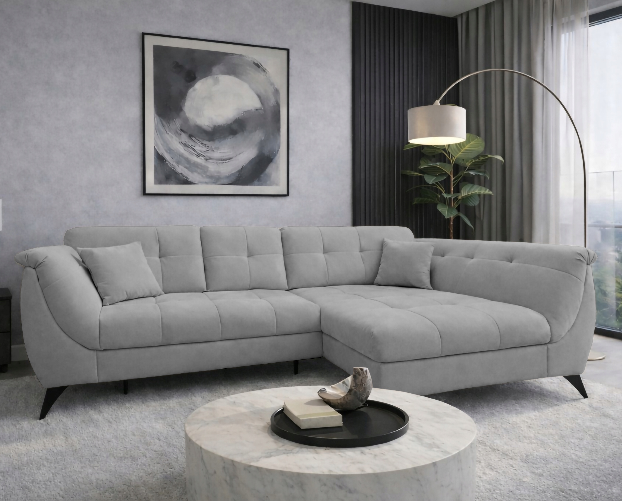 Pohodlný rohová sedací souprava Monari skandinávský s písmenem L a funkcí spaní, kontejner