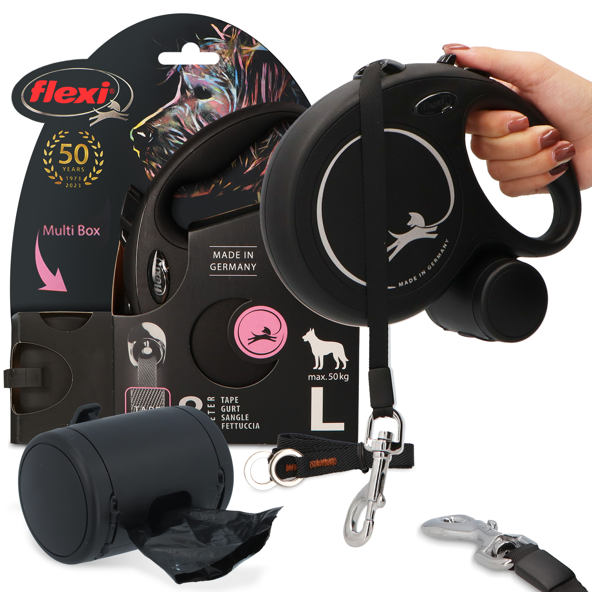 Levně Vodítko Automatická Psa 5m 50kg Páska Nádoba Multi Box Pochoutky Sáček 3O