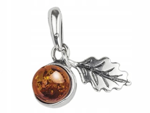 Stříbrný Přívěsek s Jantarem Kulička Dubový List Oxidovaný Závěsek Lístek