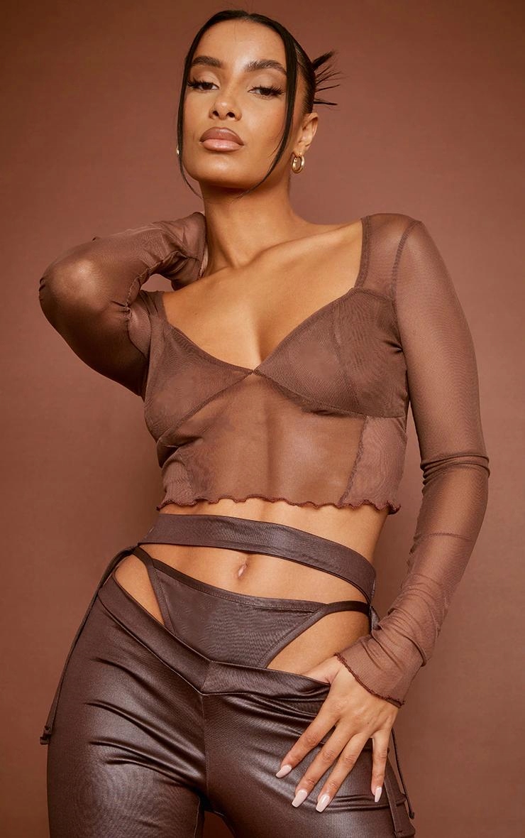 O002E19 PrettyLittleThing CROP TOP BRĄZ SIATKA 40 Płeć kobieta