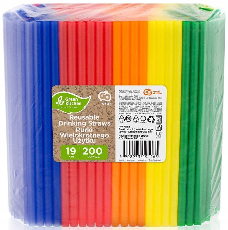 SŁOMKI RURKI WIELKOKROTNEGO UŻYTKU KOLOROWE 200SZT Kolor wielokolorowy