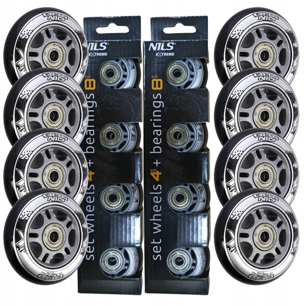 Kółka Do Łyżworolek Kauczukowe 80 mm Czarne Komplet 8 szt. Łożyska ABEC-9