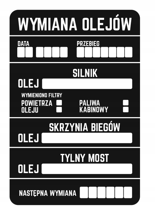 

Naklejki Serwisowe 45szt Wymiana Oleju Most 9x6 cm