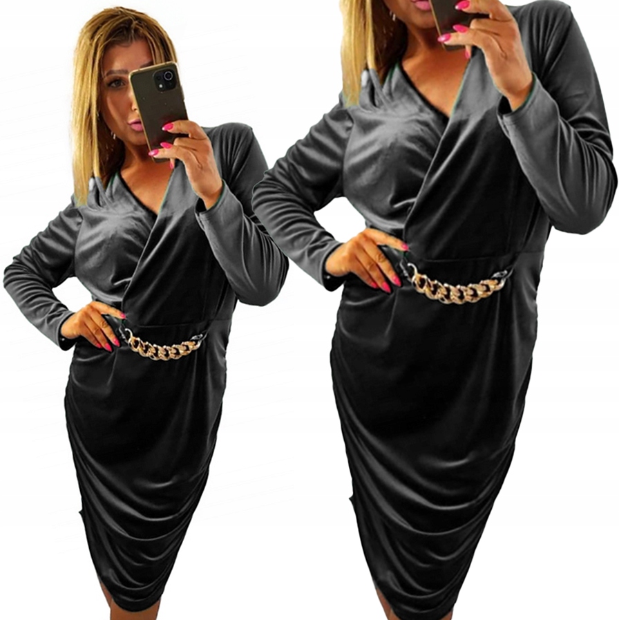 Šaty Černá Obálková Zeštíhlující Plus size Nařasená Velurová 48