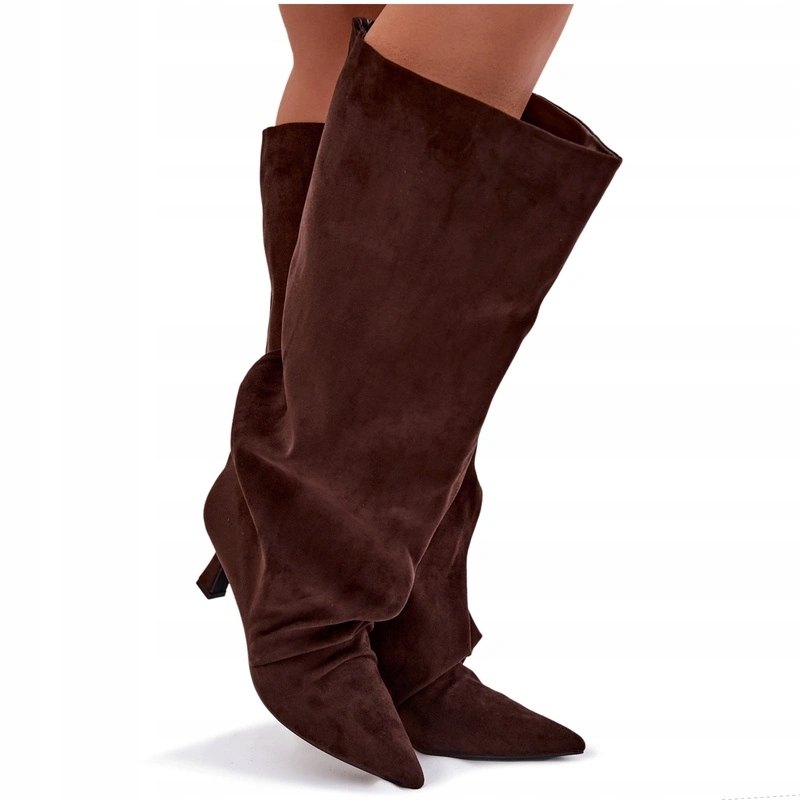 Dámské Kozačky Eko Semiš Podpatek Široký Svršek Nazouvací Čokoládové 38