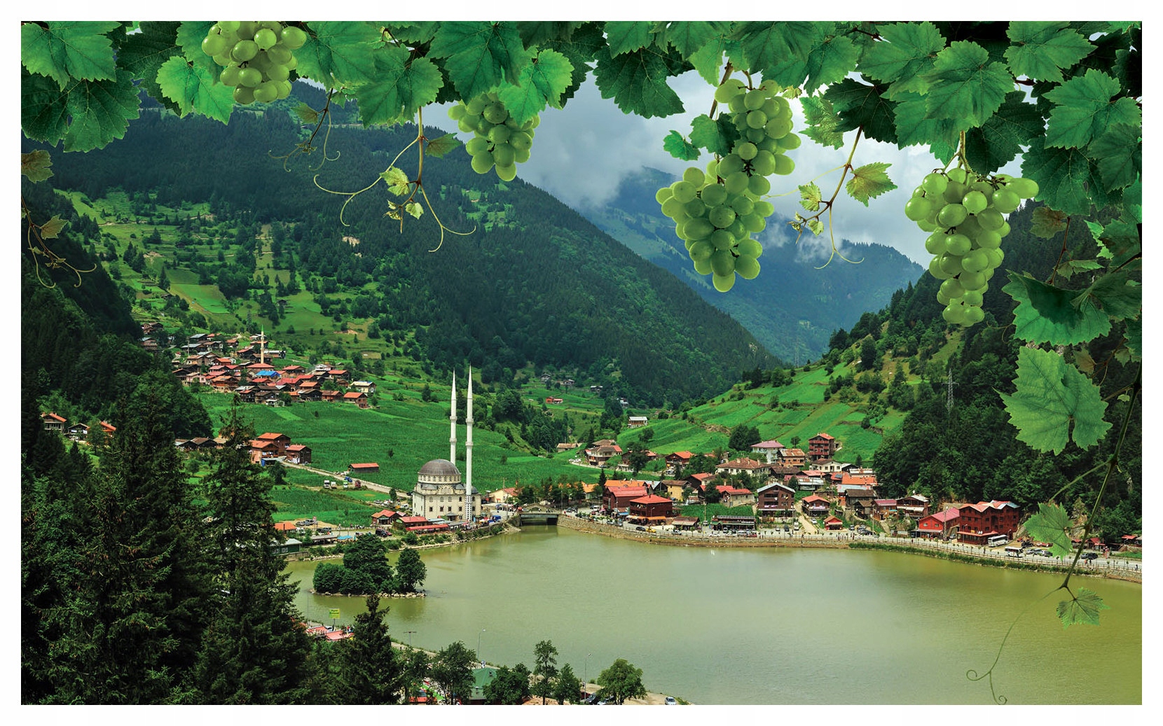 Fototapeta Hroznové Víno jezero hory vesnice mešita vinylová 254x184 lepidlo