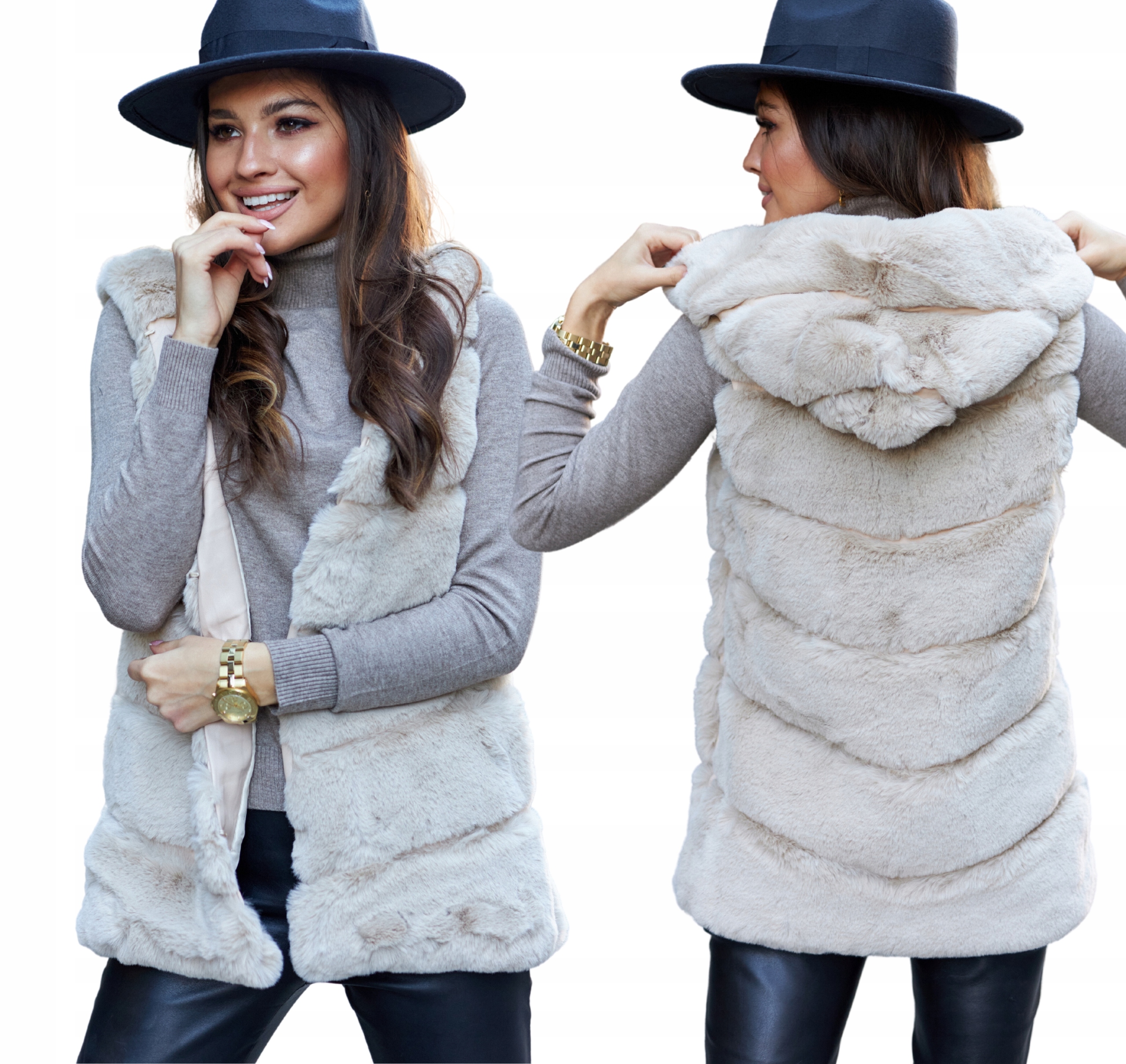 Kožešinová vesta s kapucí teplá dámská kožíšek vesta , béžová XL