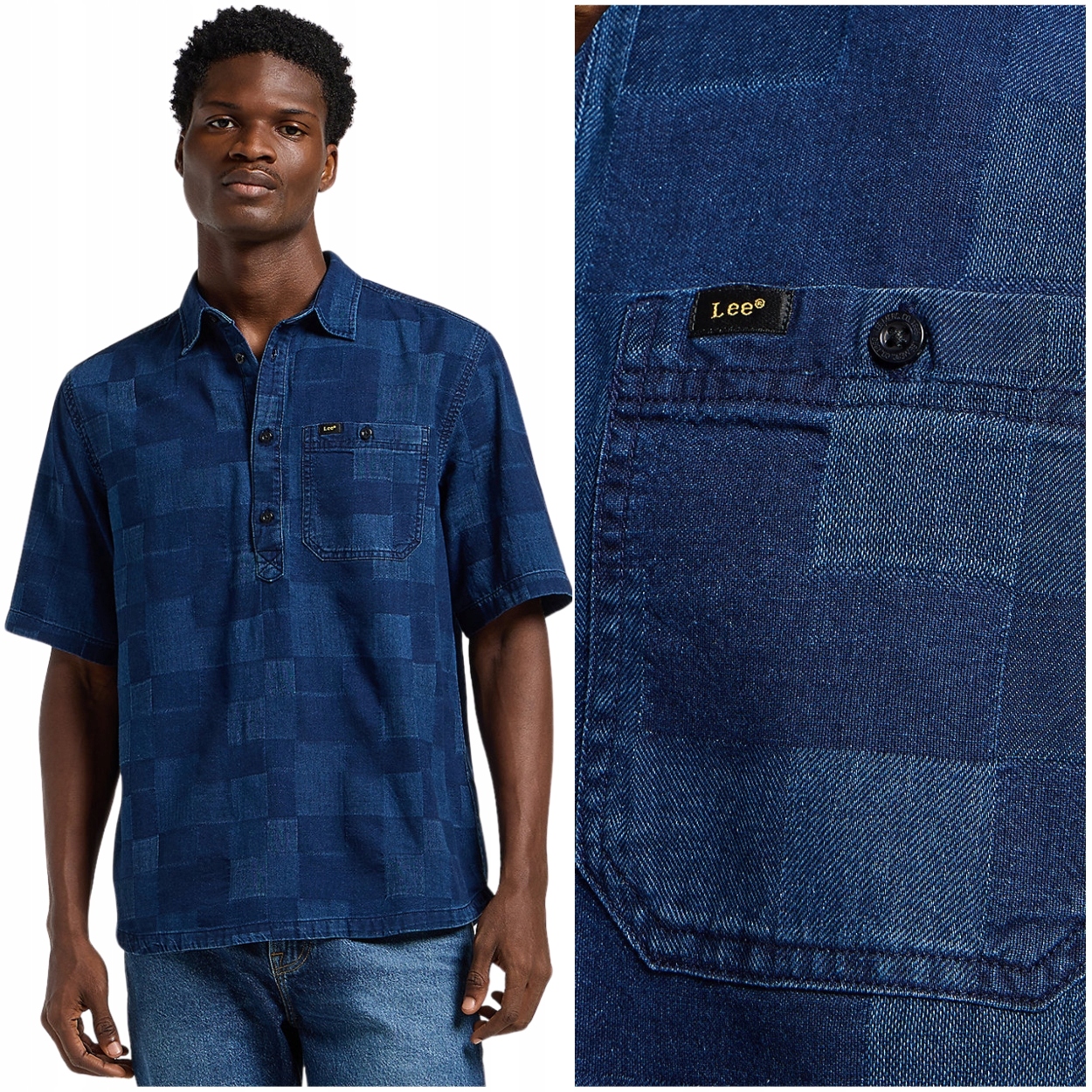 Lee Popover Shirt volná džínová košile s jemným kostkovaným krátkým rukávem, velikost XL