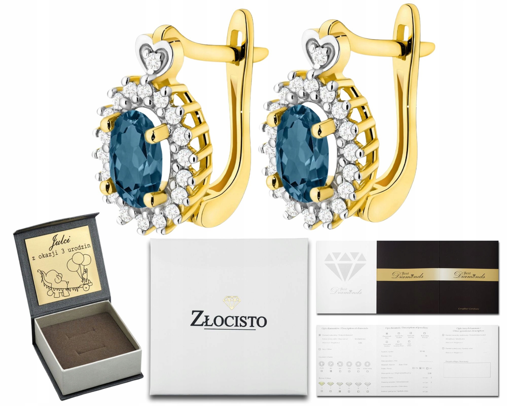 Zlaté Náušnice Topaz London Blue Brilianty Anglické Zapínání Zlato 585 14K