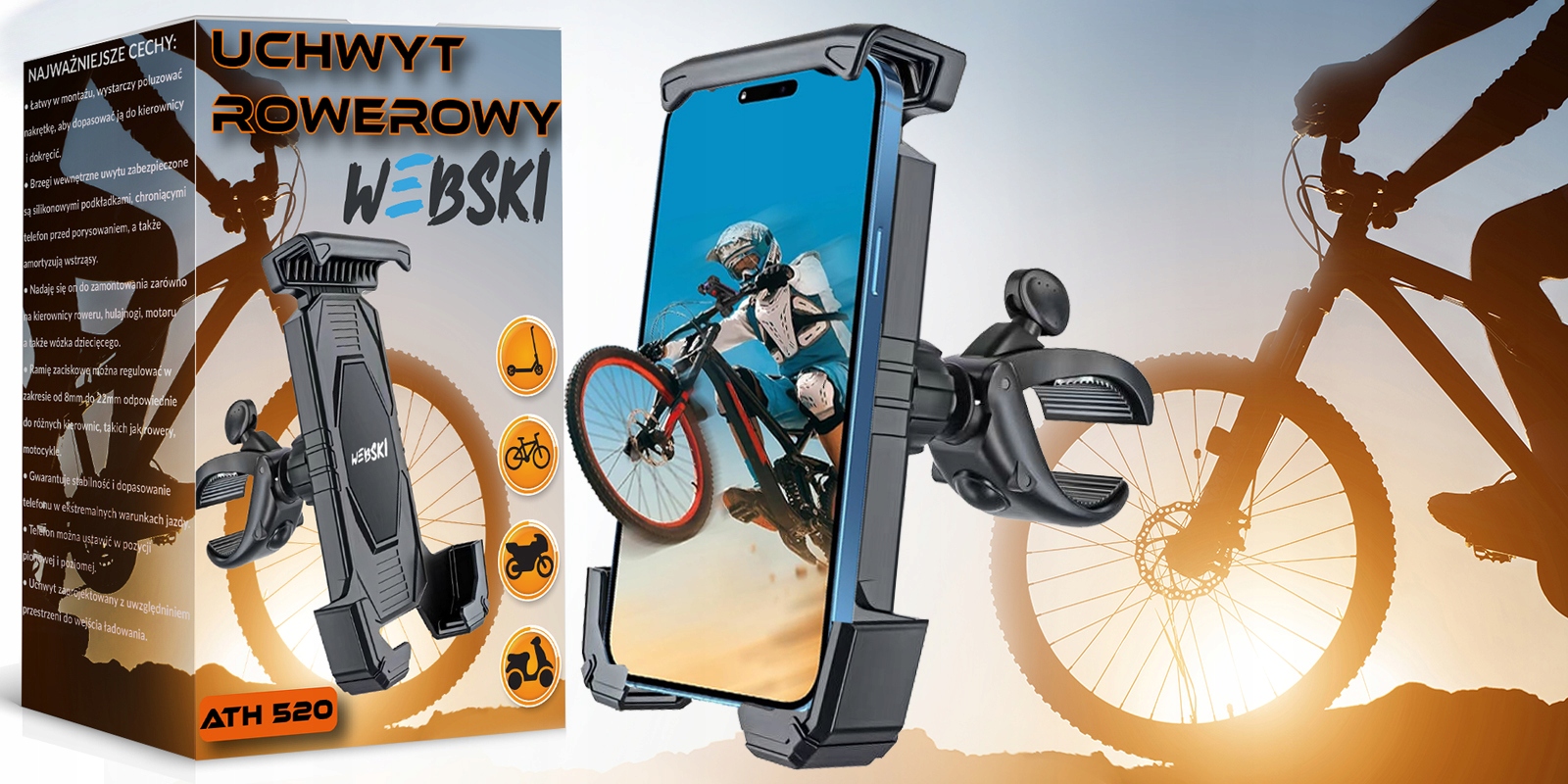 MOCNY UCHWYT ROWEROWY NA TELEFON MOTOCYKL KIEROWNICĘ HULAJNOGĘ elektryczną Stan opakowania oryginalne