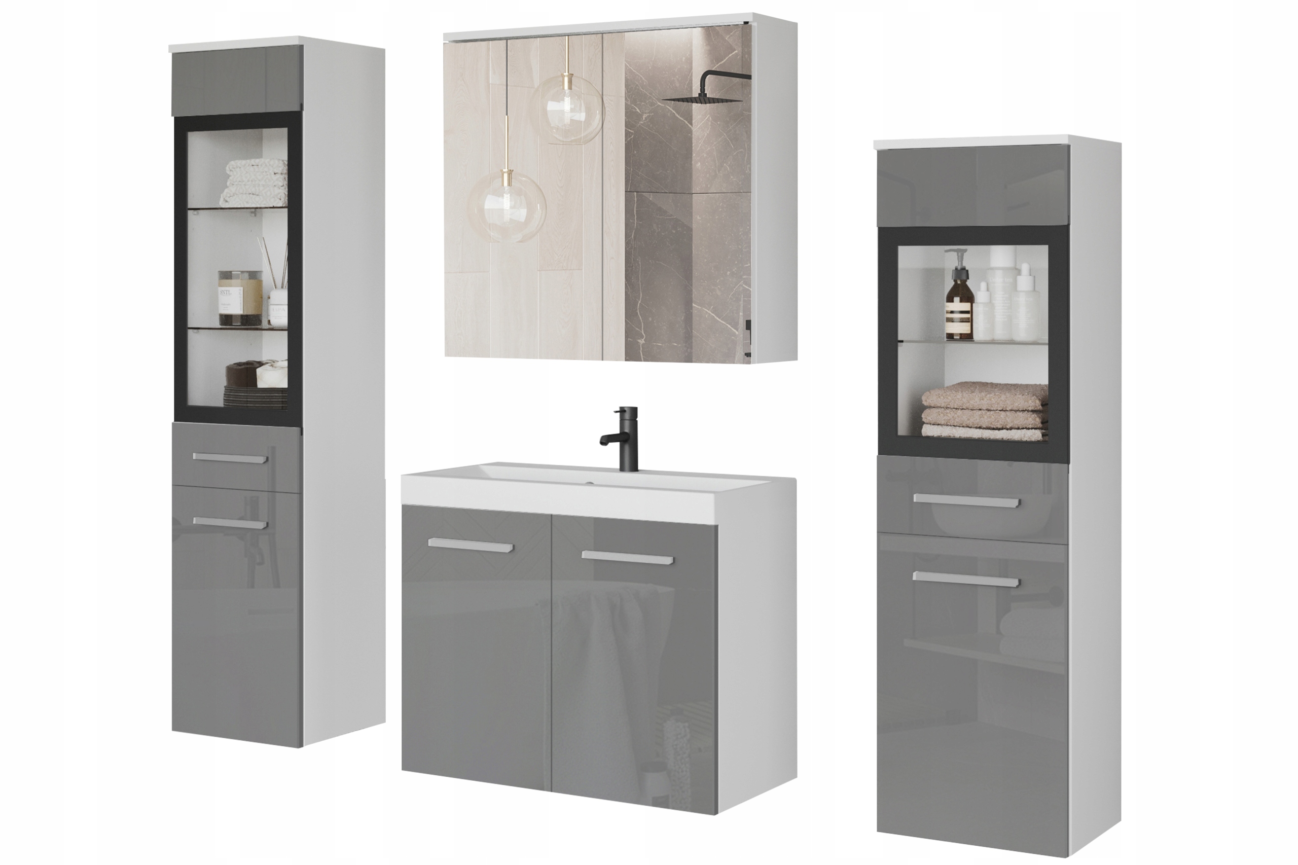 Závěsný set do koupelny s umyvadlem a sloupky a zrcadlem, lesk Bílá šedá