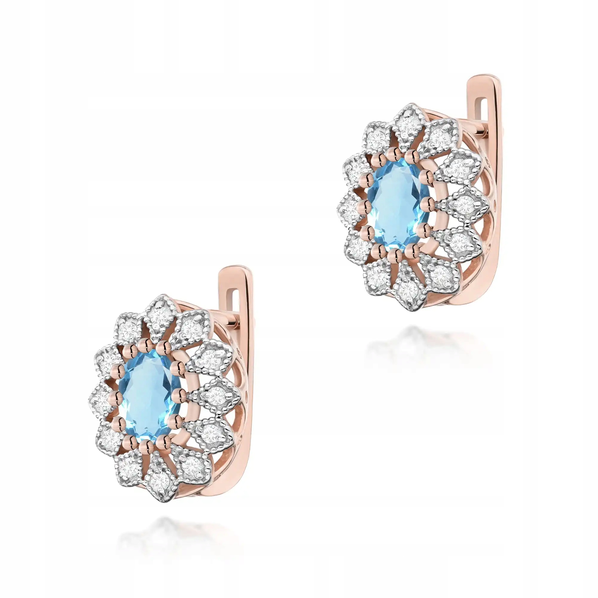 Náušnice zlaté pro ženu 585 s topazem a diamanty, růžové módní zlato