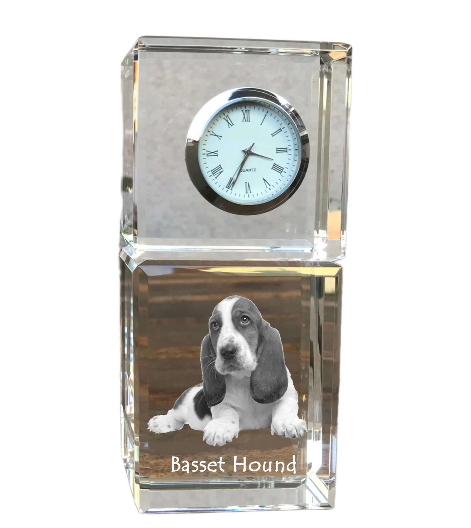 Basset Hound krištáľové stolové hodiny so psom, s vašou fotografiou, suvenír
