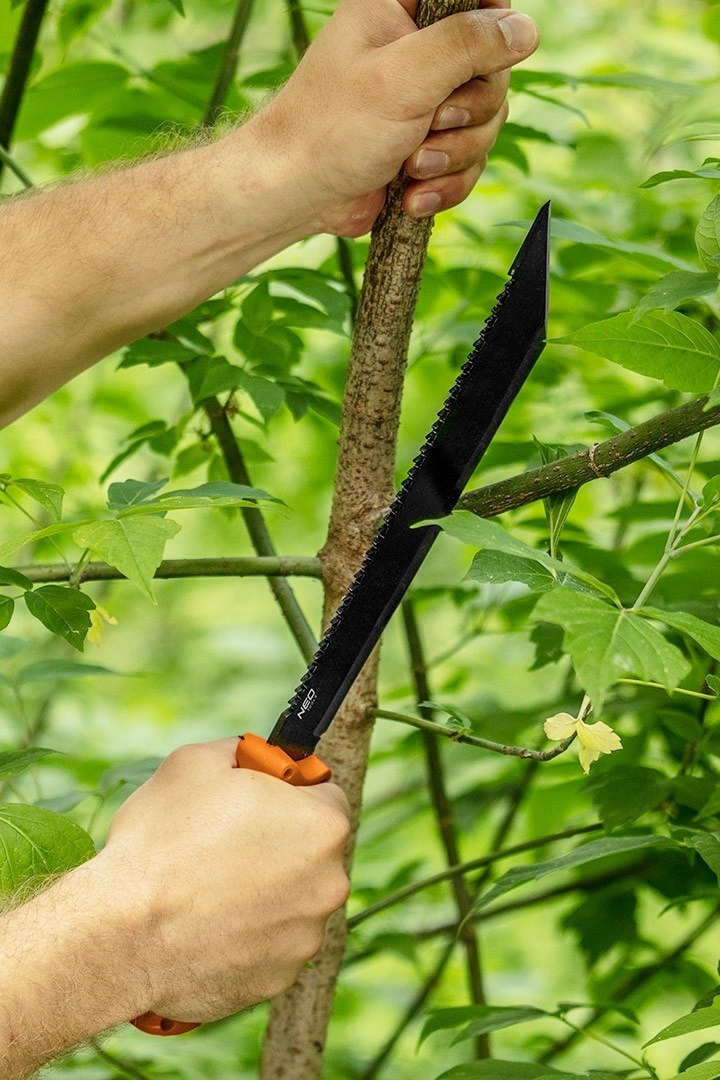 Maczeta 40 cm piła 2 ostrza stal nierdzewna FULL-TANG pouch Neo Tools Długość głowni 25.5 cm