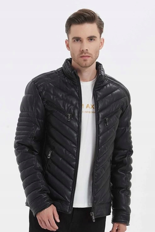 Pánská Kožená Bunda, Černá Zateplená, Prošívaný Stojáček, Lesklá, Casual: M