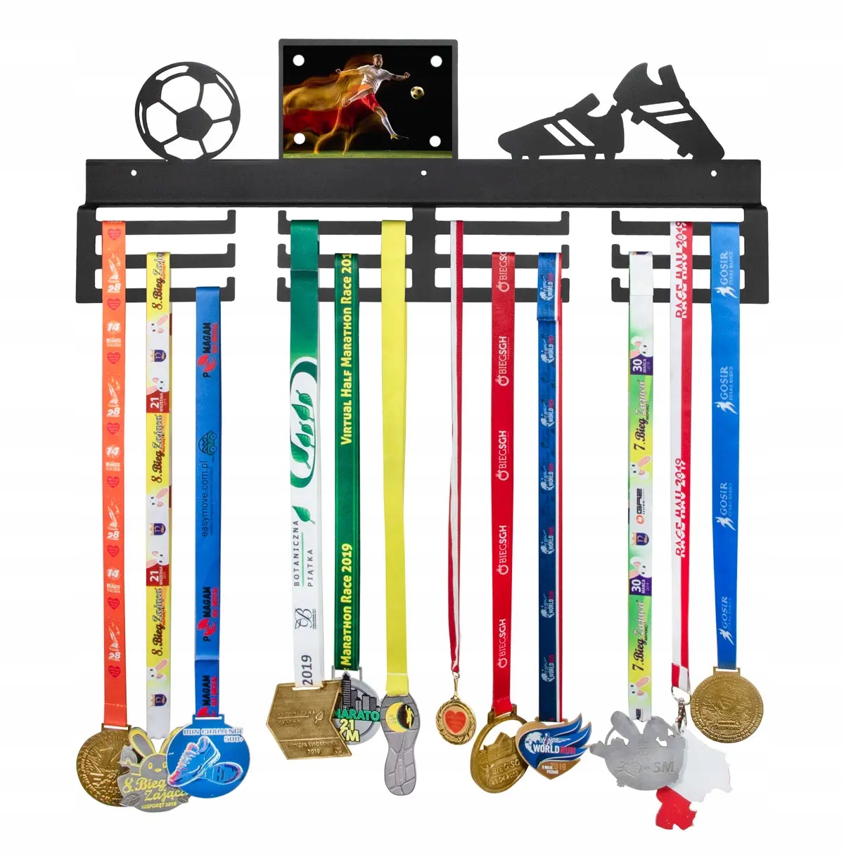 Věšák na medaile 60 cm černý dárek pro fotbalistu, personalizovaný rámeček