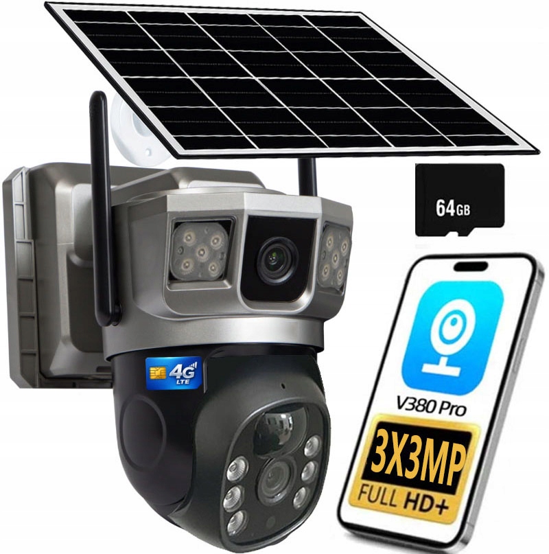 Zewnętrzna Solarna Kamera Obrotowa Trzy Ekrany Karta Sim 4G Lte 3MP+3MP+3MP