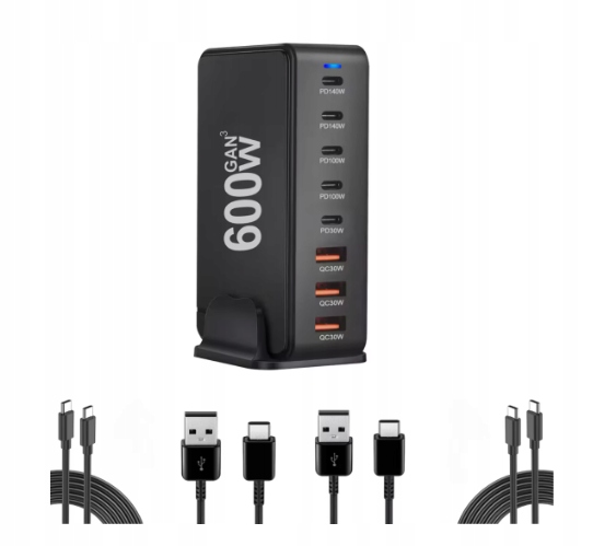 Multifunkční Nabíječka 600W GaN III 8-v-1, Zásuvky 5 Usb-c Pd 140W 100W