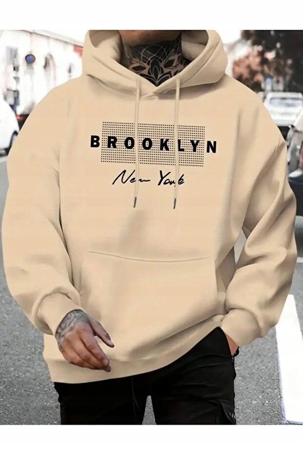 Béžová Mikina S Kapucí S Potiskem Brooklyn New York M 5IA