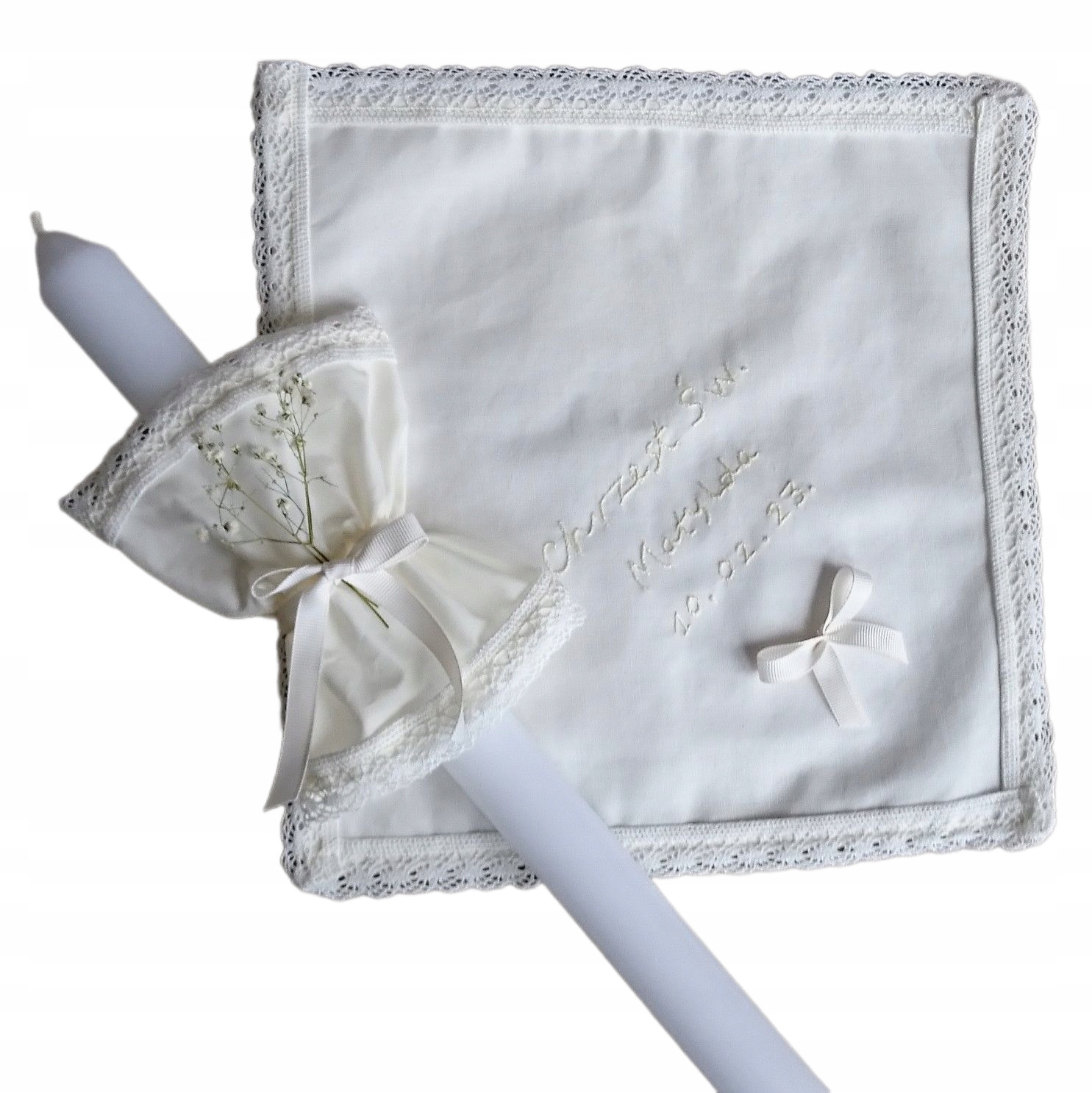 SZATKA I ŚWIECA DO CHRZTU IVORY IMIONA DATA HAFT RĘCZNY