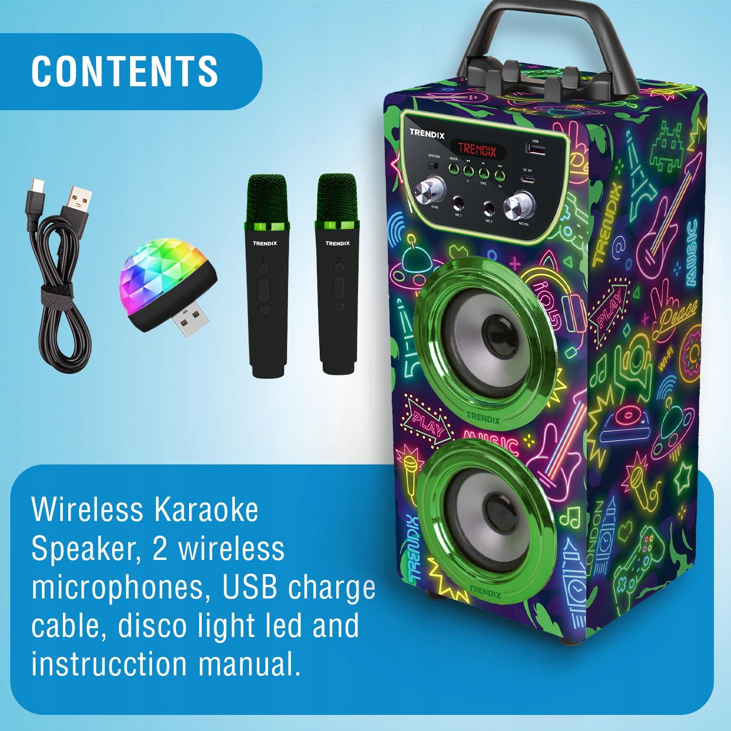 TRENDIX Karaoke Dla Dzieci Neon Świat Z 2 Mikrofonami Różowy Bluetooth USB — miniatura 3