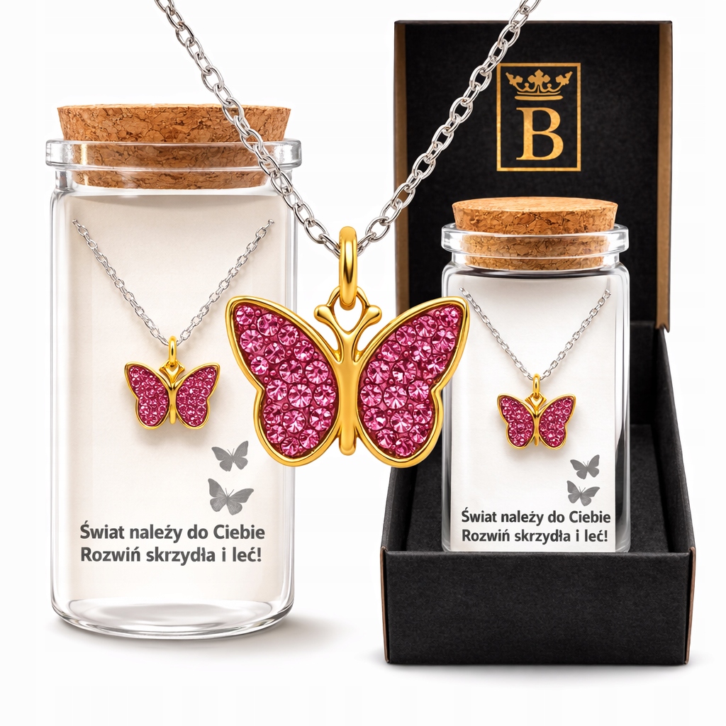 Stříbrný dámský náhrdelník v láhvi motýl zirkony stříbro 925 pozlacený