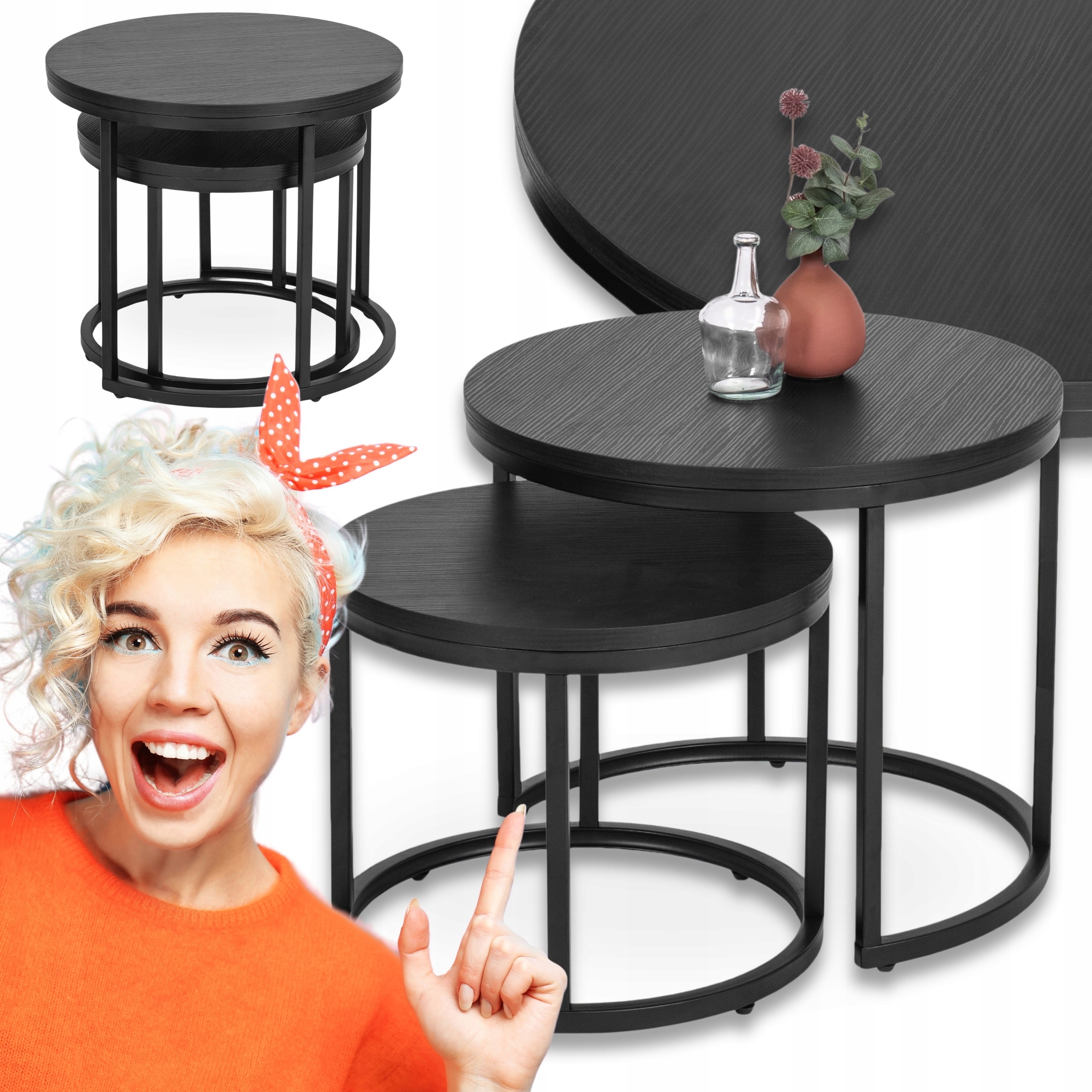 Sada konferenčního stolku Kulatý 2v1 Lavička do obývacího pokoje Loft Černá Manu