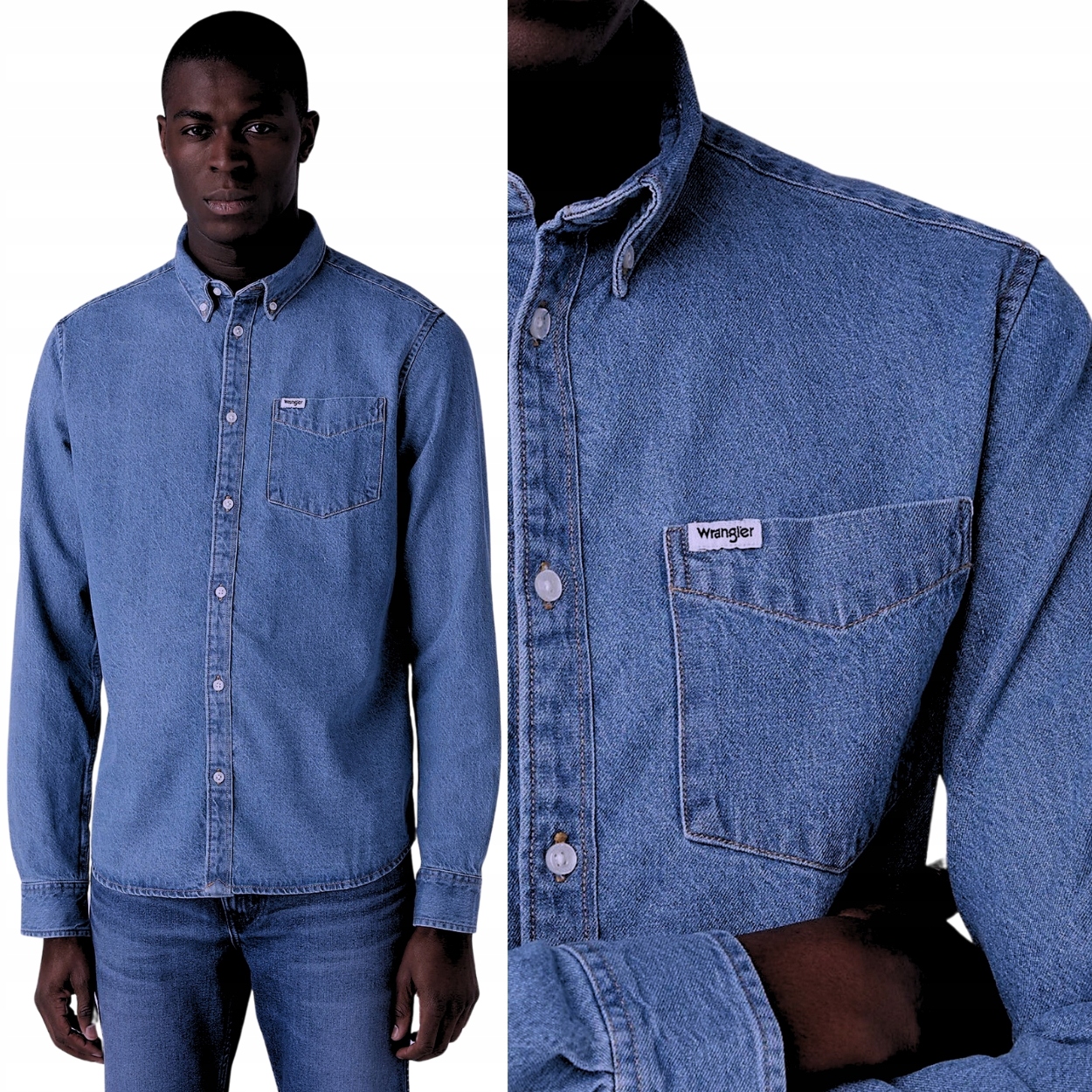 Wrangler 1 Pocket Button Down icon Mid Stone bavlněná džínová košile S