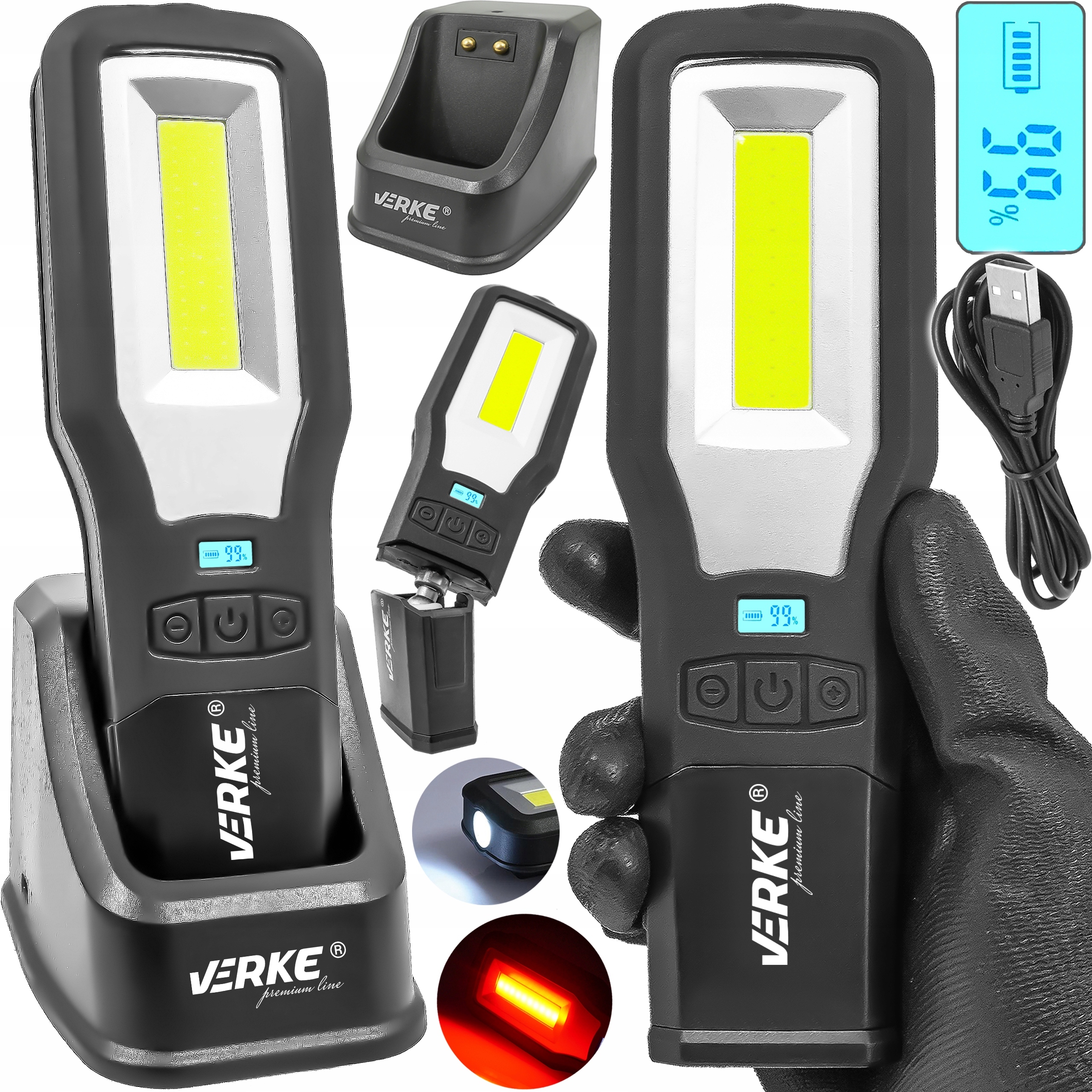 LAMPKA WARSZTATOWA ROBOCZA LED COB LATARKA AKUMULATOROWA Z BAZĄ HAK USB