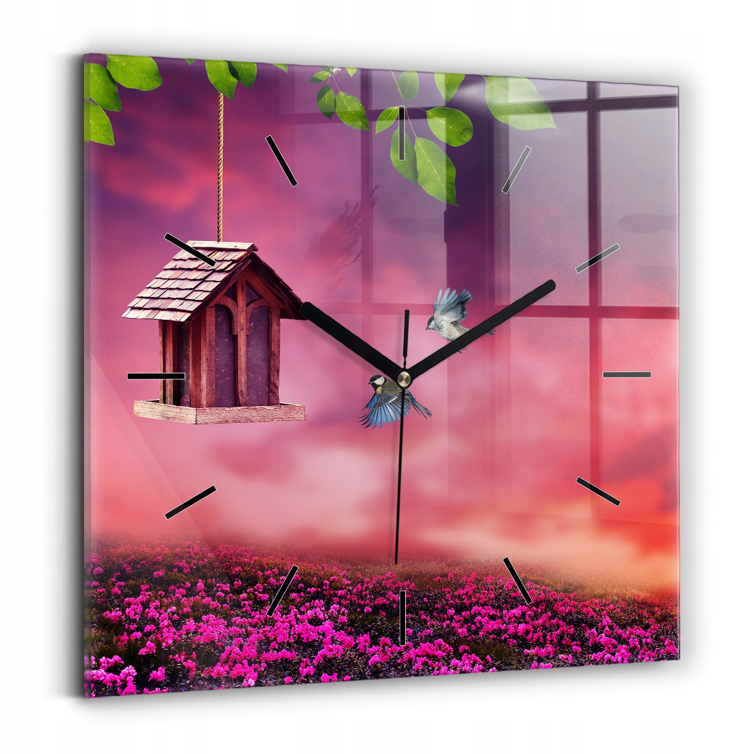 Minimalistické nástěnné skleněné hodiny s grafikou Domeček pro ptáky 30 x 30 cm