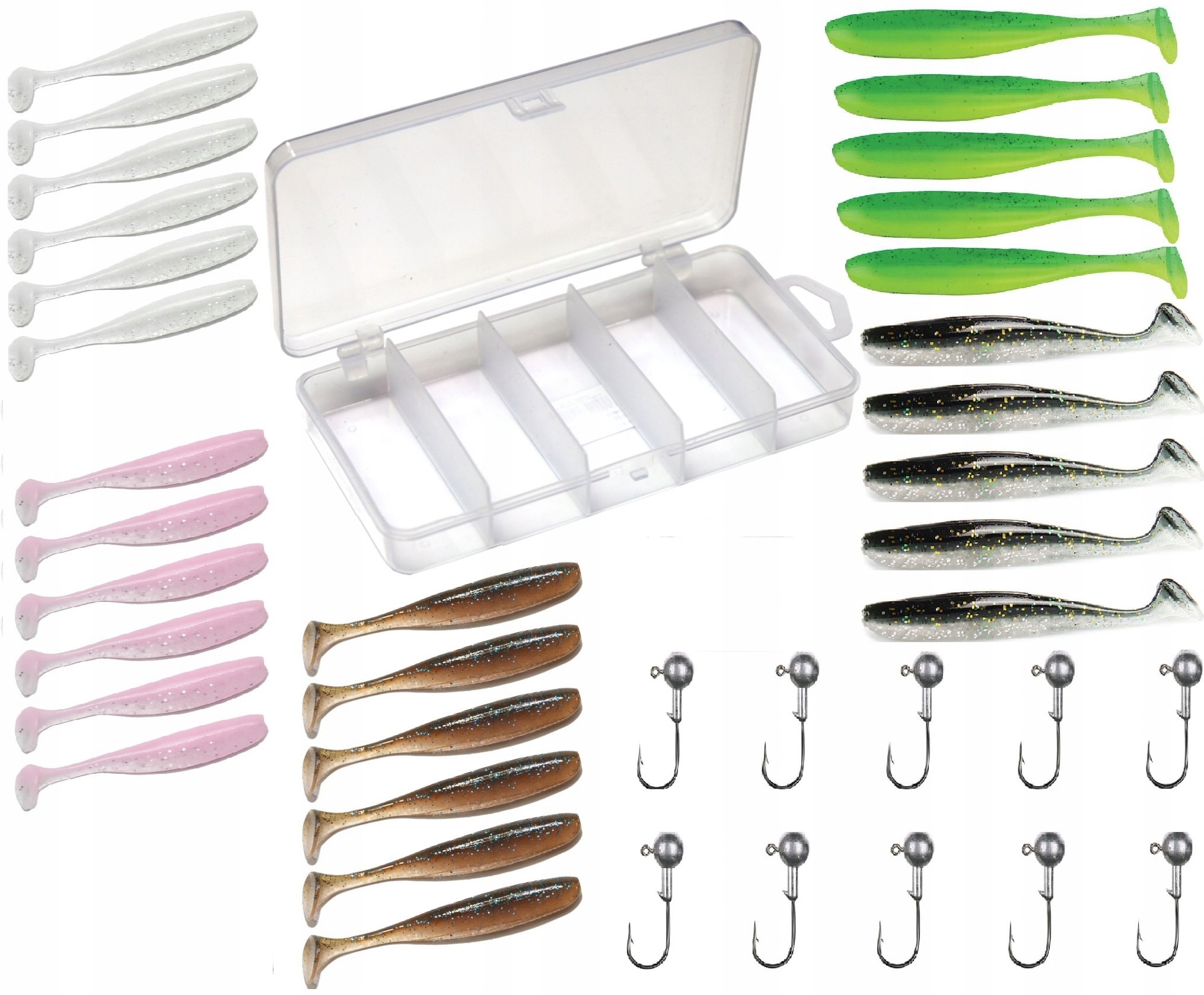 ZESTAW PRZYNĘT OKONIOWYCH 5,5 cm GŁÓWKI JIGOWE + PUDEŁKO