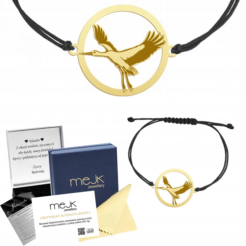 Zlatý náramek s čápem 925 Šňůrka Dárek Šperky Gravírování Bonus