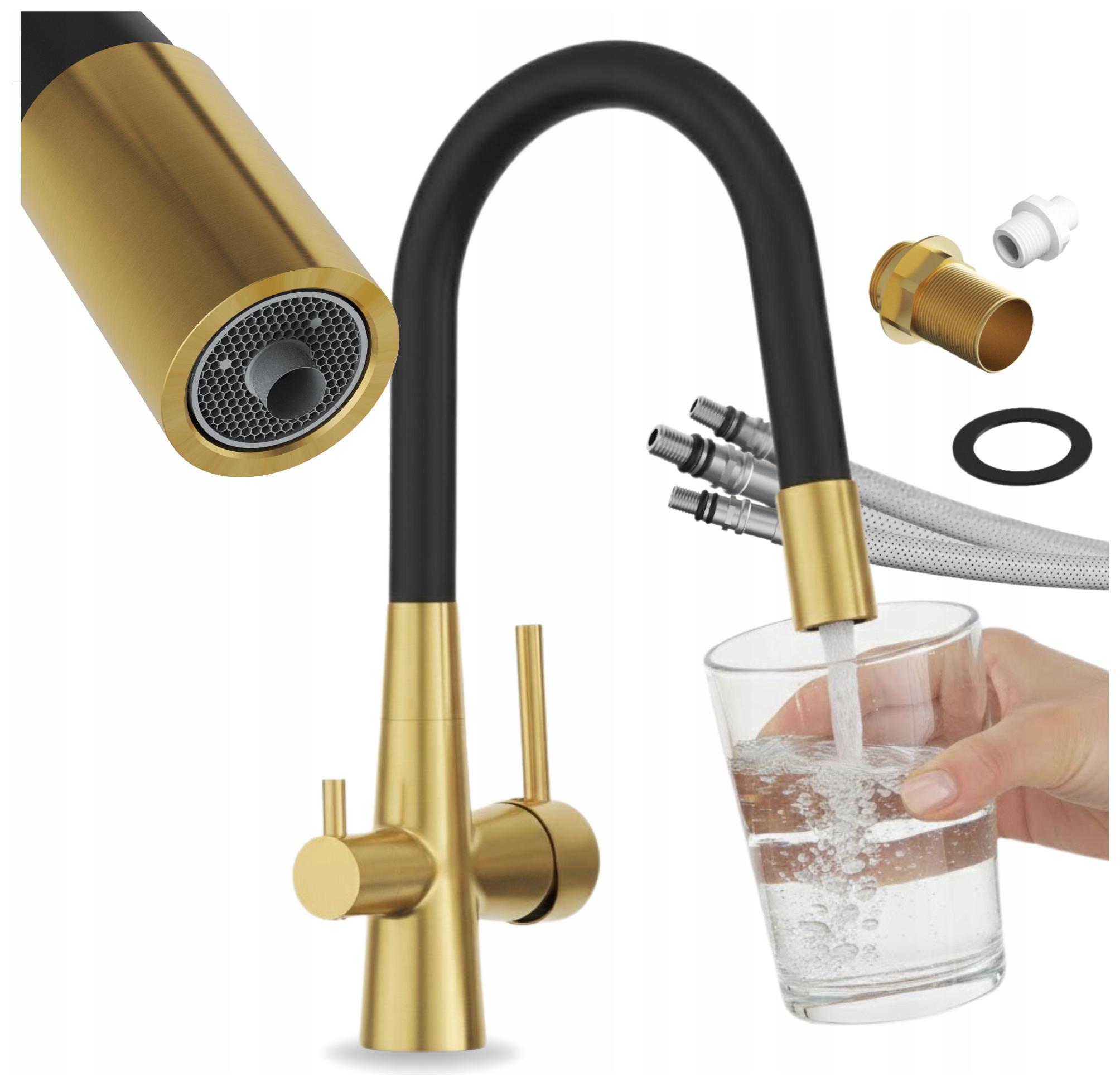 Kuchyňská baterie třícestná s flexibilním kohoutkem pro vodní filtr Fluo zlatá