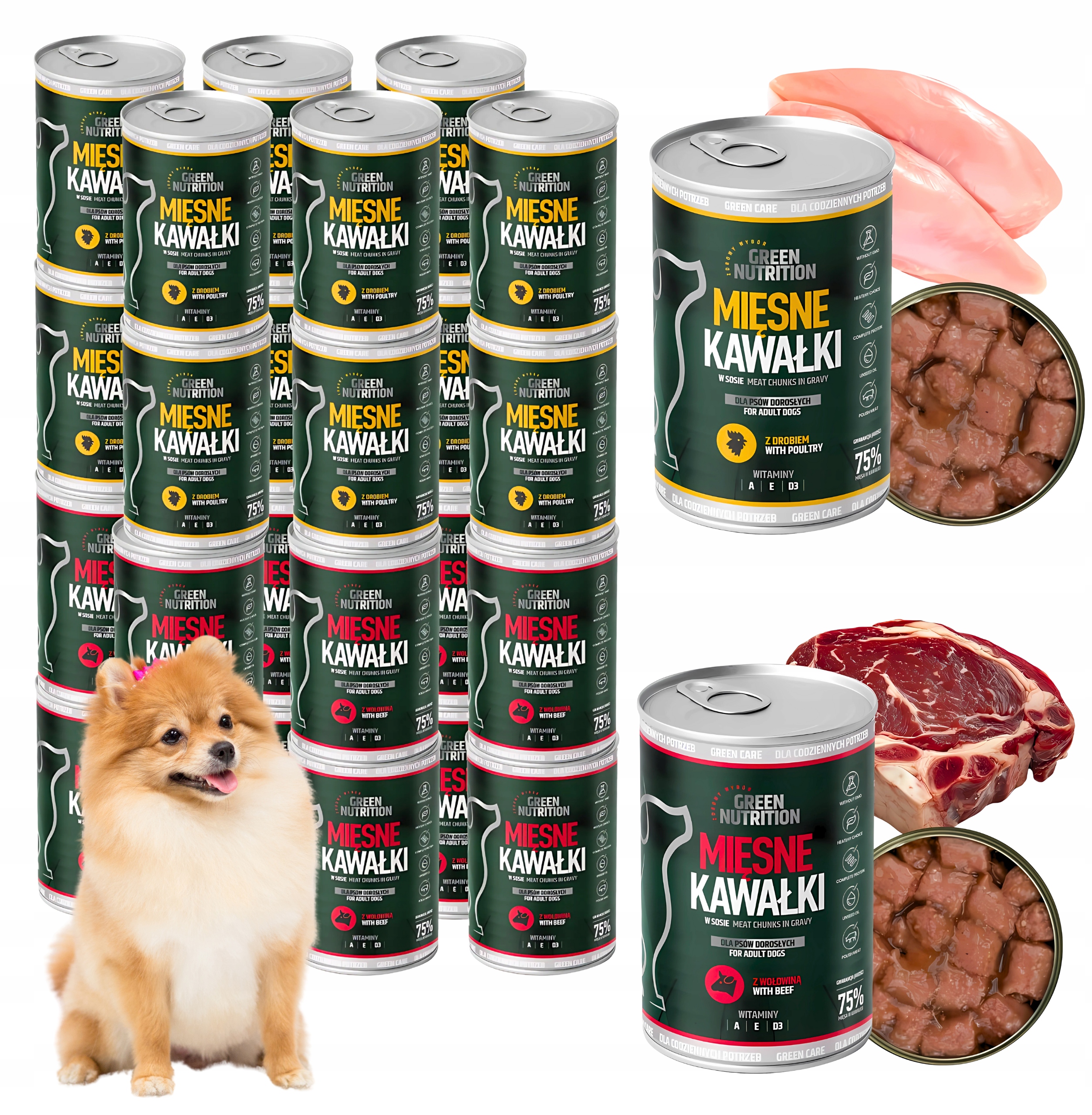 Levně Vlhké krmivo pro psy Drůbež Hovězí maso 75% Masové kousky Green Nutrition 24ks