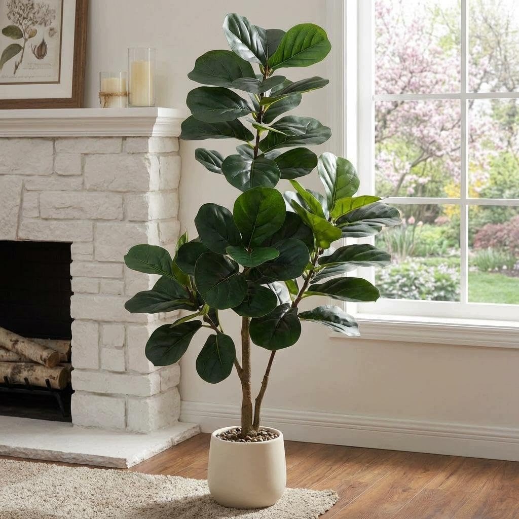 Umělá rostlina Fíkus lyrata (Ficus Lyrata) 120 cm v bílém květináči s kamínky